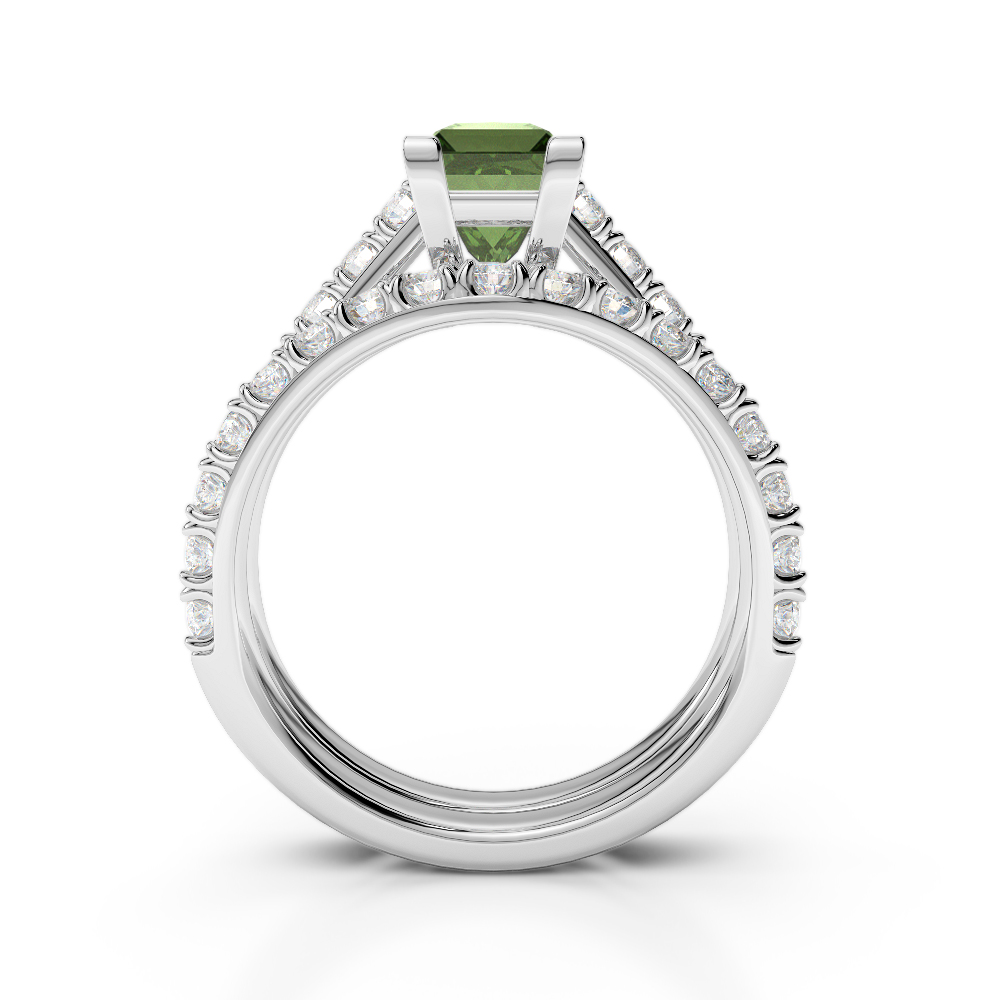 Gold / Platinum Round and Princess cut Green Tourmaline and Diamond Bridal Set Ring AGDR-2007