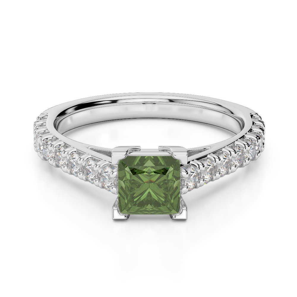 Gold / Platinum Round and Princess Cut Green Tourmaline and Diamond Engagement Ring AGDR-2008