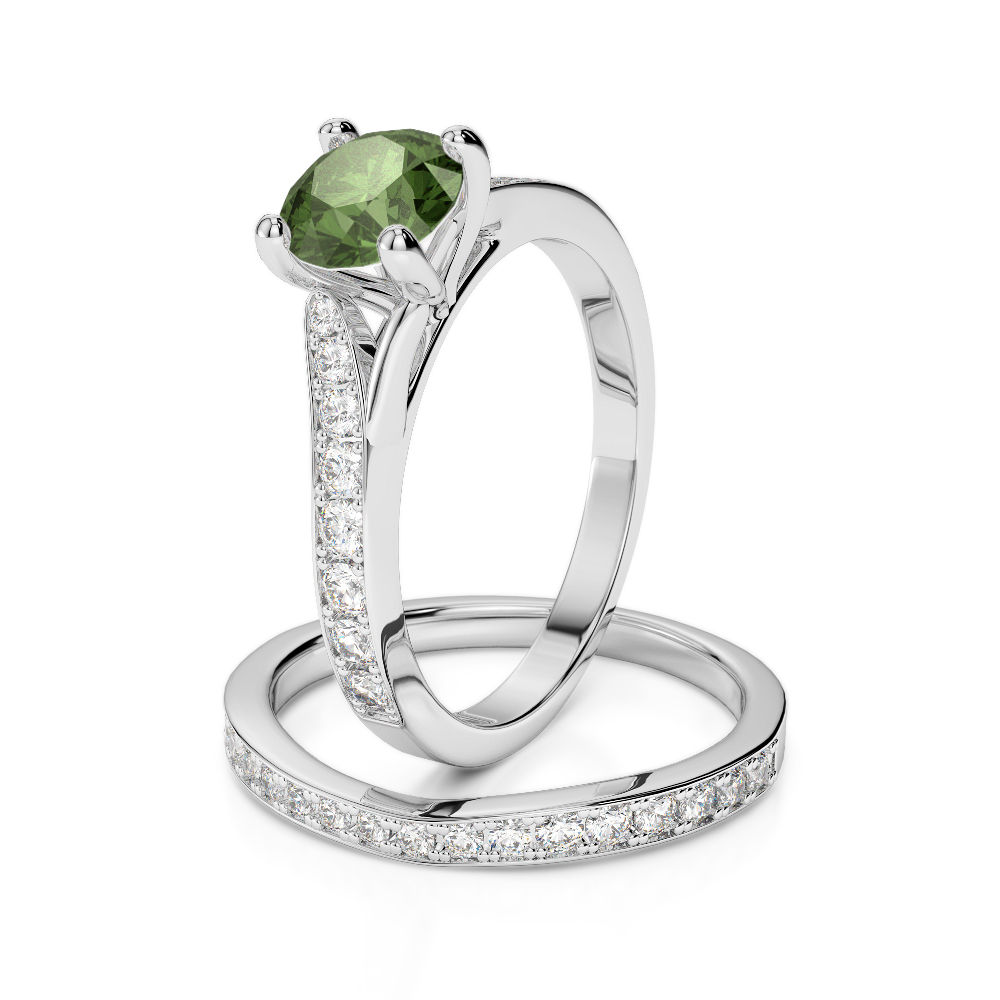 Gold / Platinum Round cut Green Tourmaline and Diamond Bridal Set Ring AGDR-2011