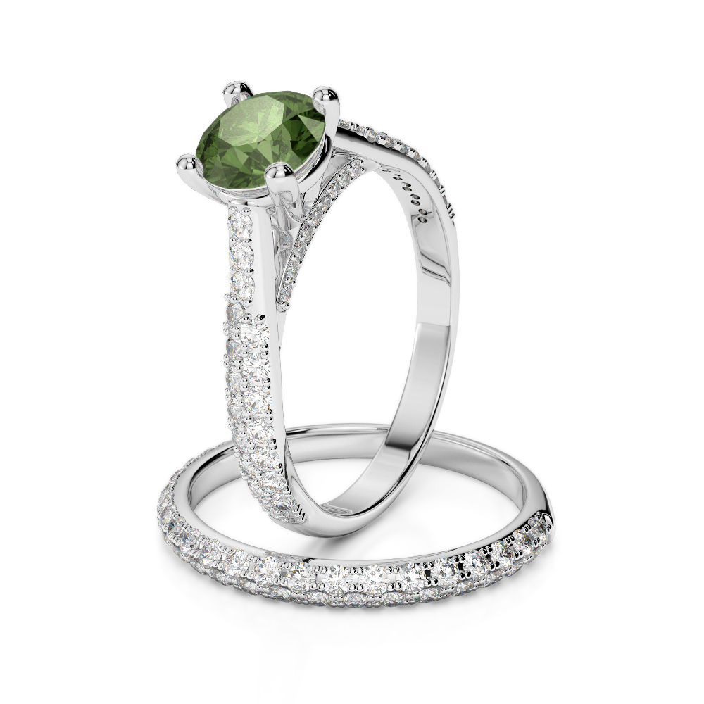 Gold / Platinum Round cut Green Tourmaline and Diamond Bridal Set Ring AGDR-2013