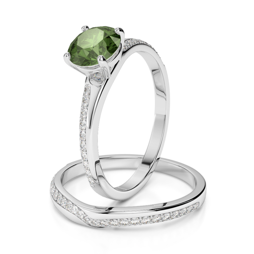 Gold / Platinum Round cut Green Tourmaline and Diamond Bridal Set Ring AGDR-2015