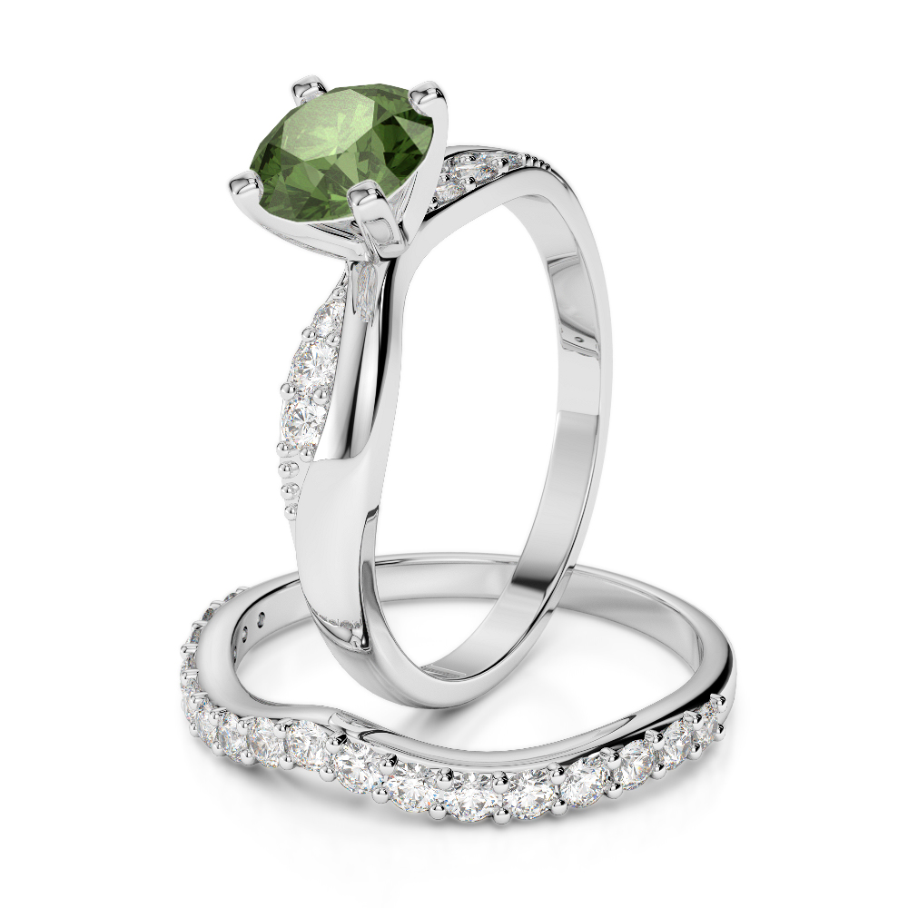 Gold / Platinum Round cut Green Tourmaline and Diamond Bridal Set Ring AGDR-2023