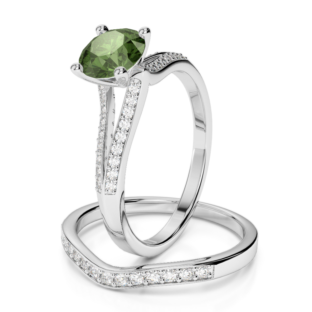 Gold / Platinum Round cut Green Tourmaline and Diamond Bridal Set Ring AGDR-2037