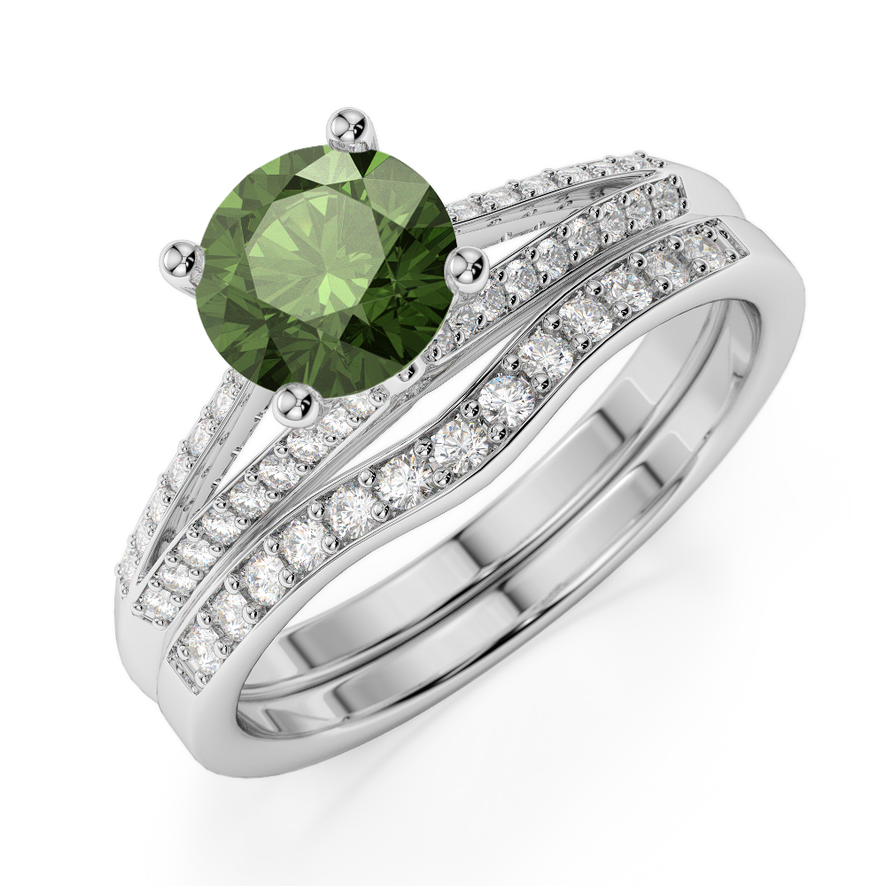 Gold / Platinum Round cut Green Tourmaline and Diamond Bridal Set Ring AGDR-2037