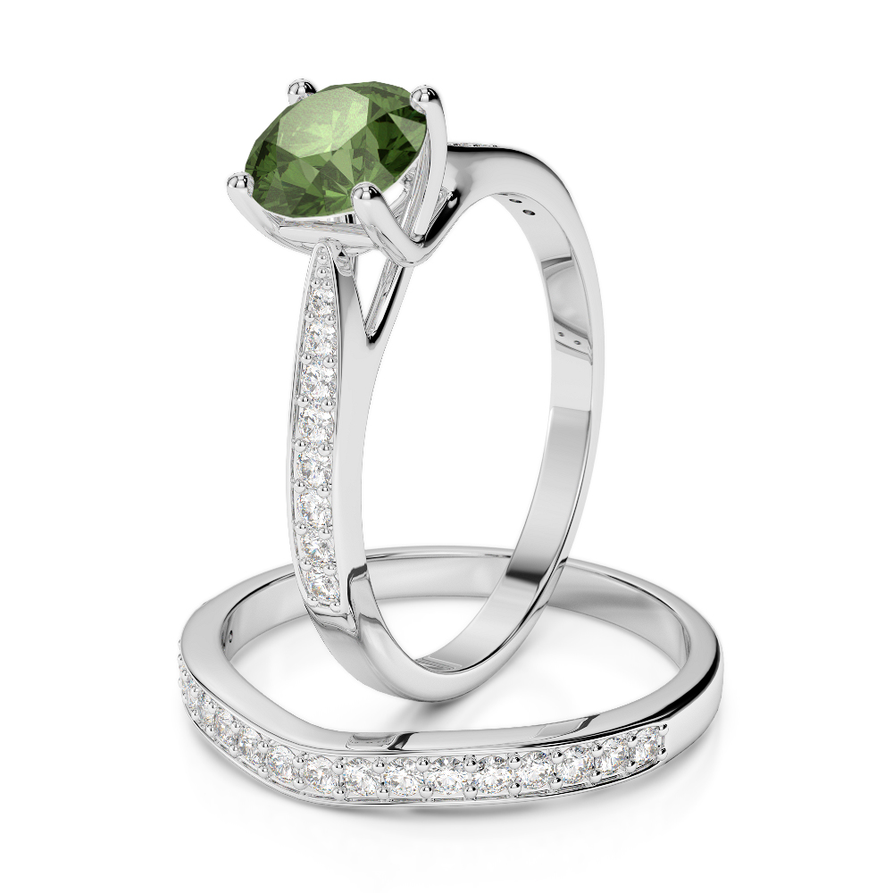 Gold / Platinum Round cut Green Tourmaline and Diamond Bridal Set Ring AGDR-2053