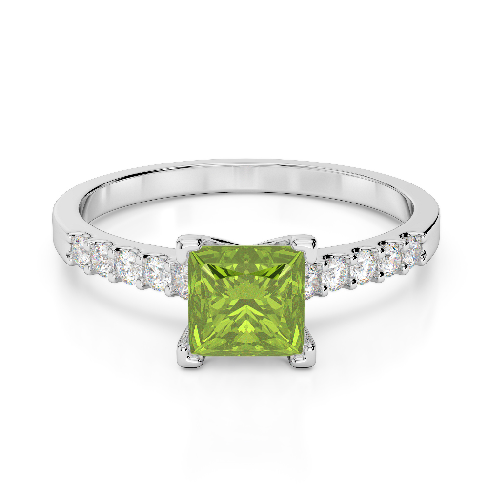 Gold / Platinum Round and Princess Cut Peridot and Diamond Engagement Ring AGDR-1210