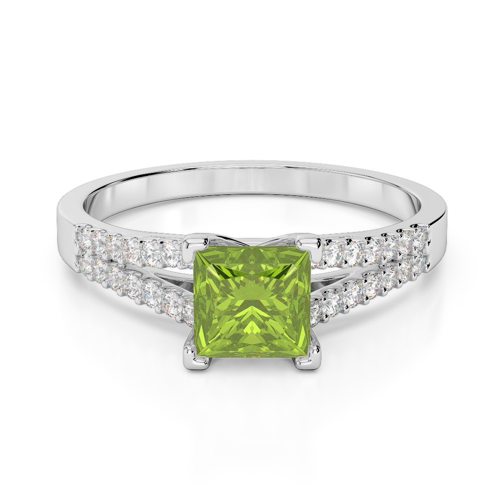 Gold / Platinum Round and Princess Cut Peridot and Diamond Engagement Ring AGDR-1211