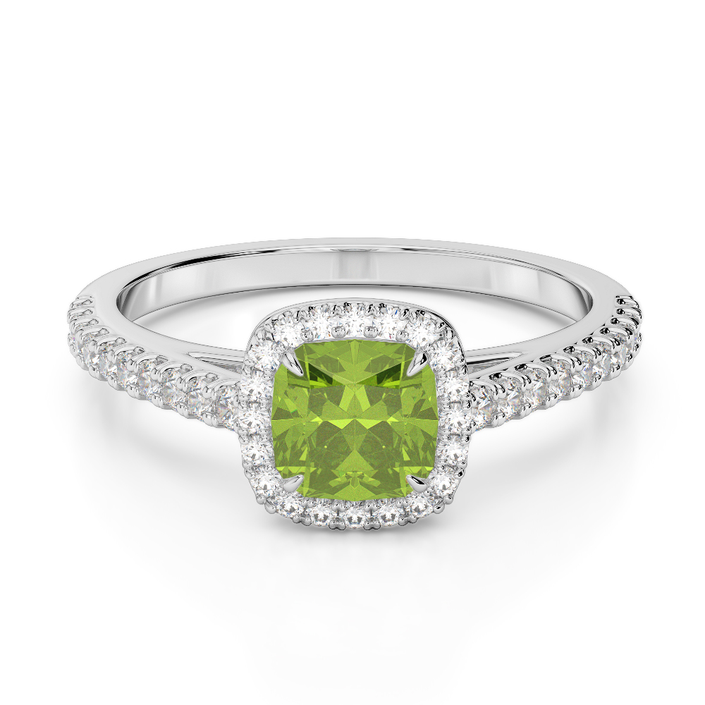 Gold / Platinum Round and Cushion Cut Peridot and Diamond Engagement Ring AGDR-1212