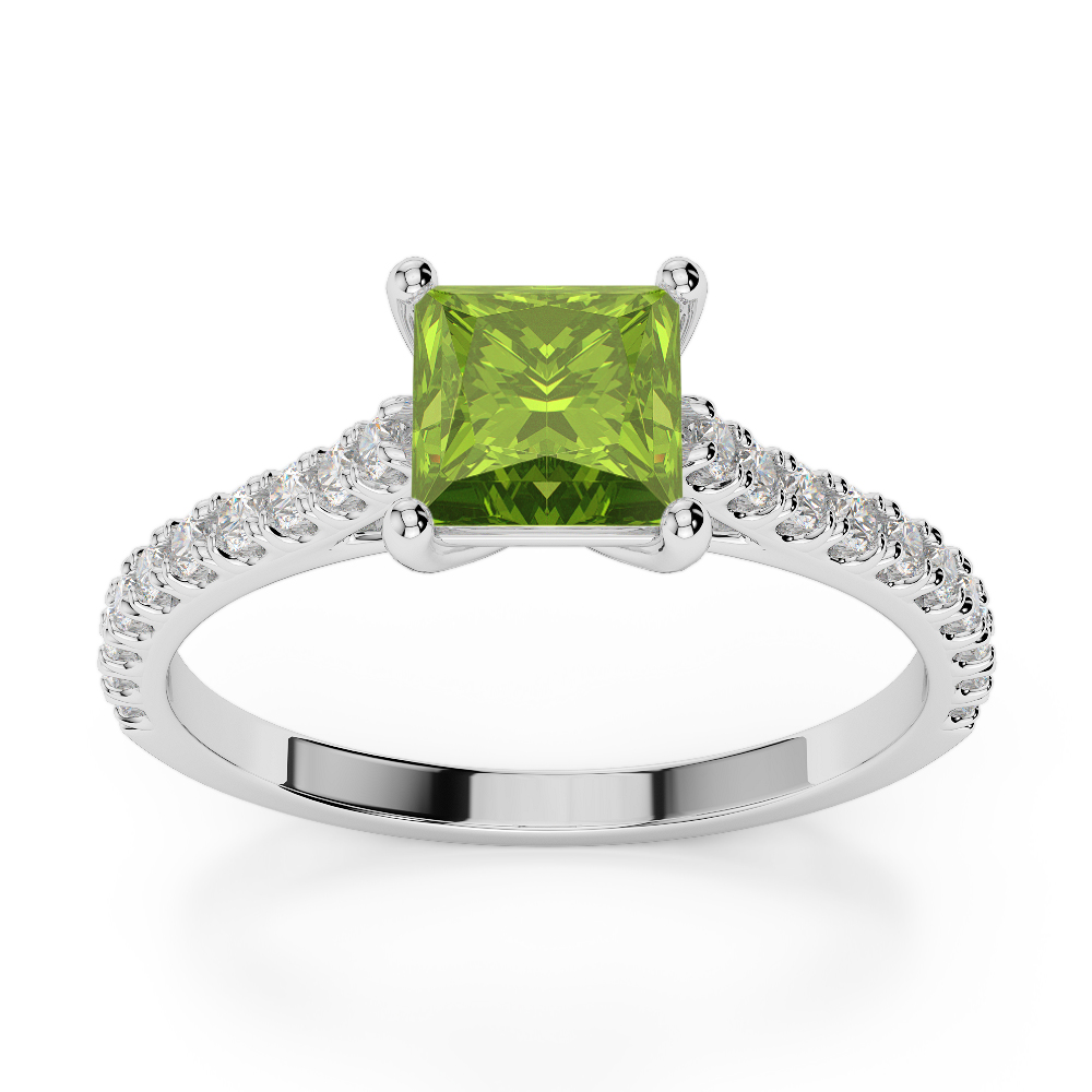 Gold / Platinum Round and Princess Cut Peridot and Diamond Engagement Ring AGDR-1217