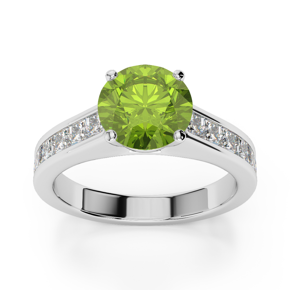 Gold / Platinum Round and Princess Cut Peridot and Diamond Engagement Ring AGDR-1224