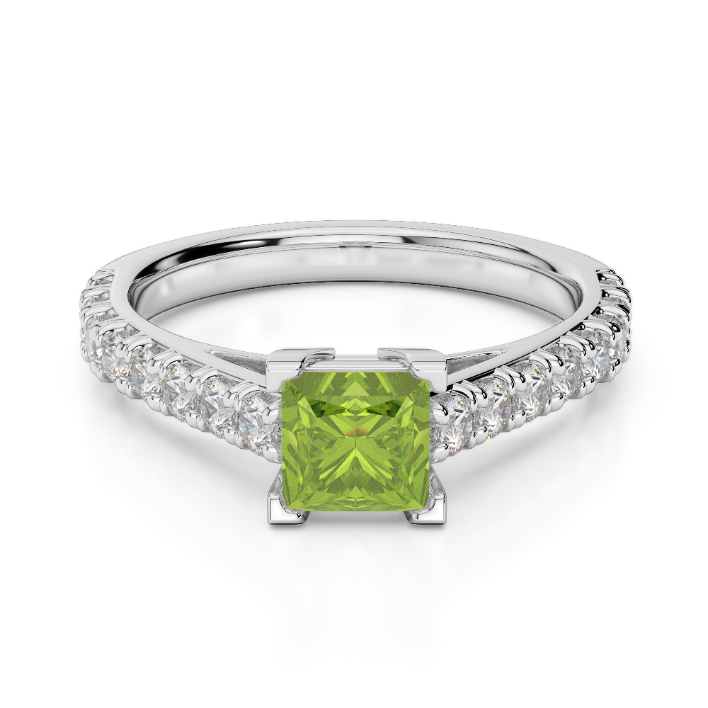Gold / Platinum Round and Princess Cut Peridot and Diamond Engagement Ring AGDR-2008