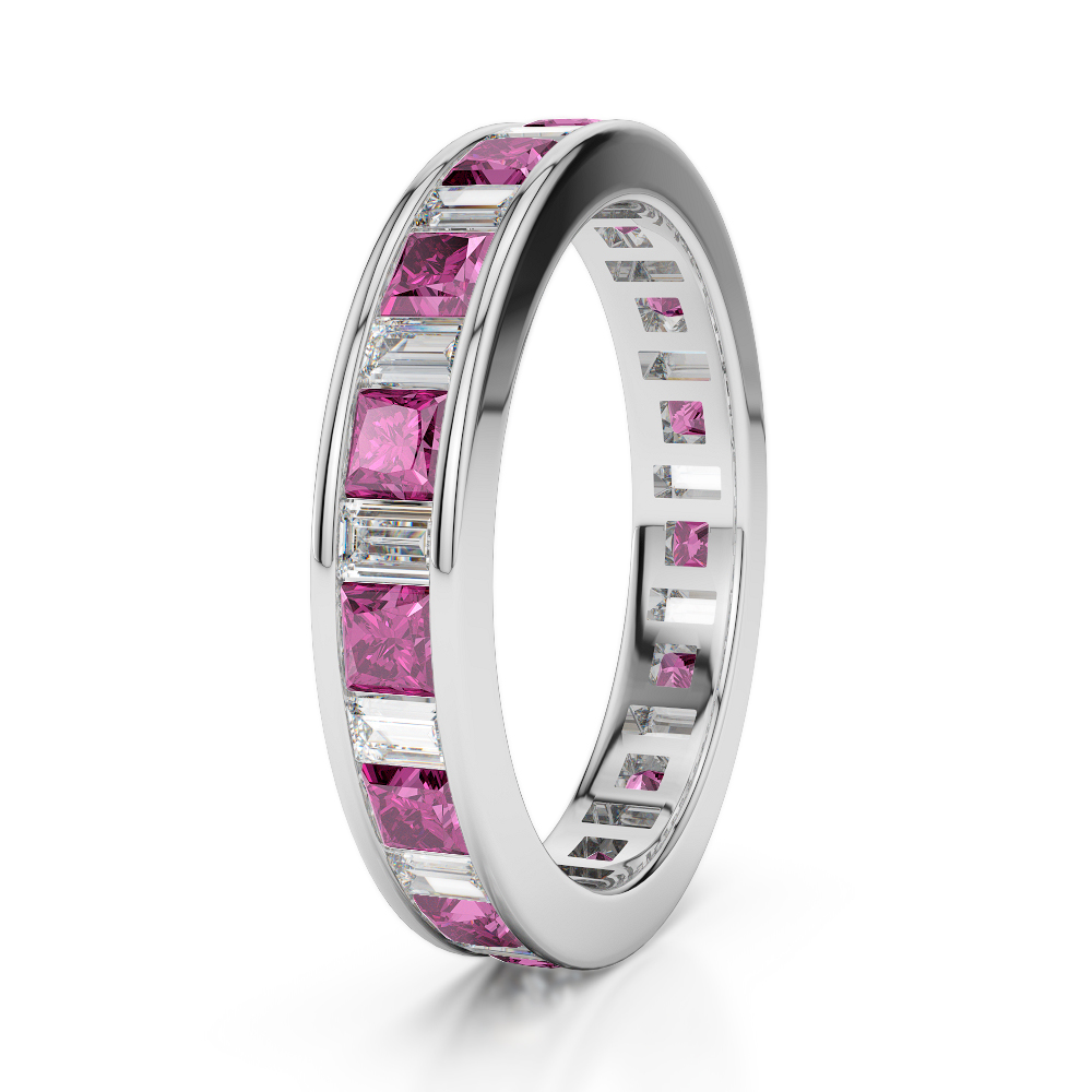 4 MM Gold / Platinum Princess and Baguette Cut Pink Sapphire and Diamond Full Eternity Ring AGDR-1141