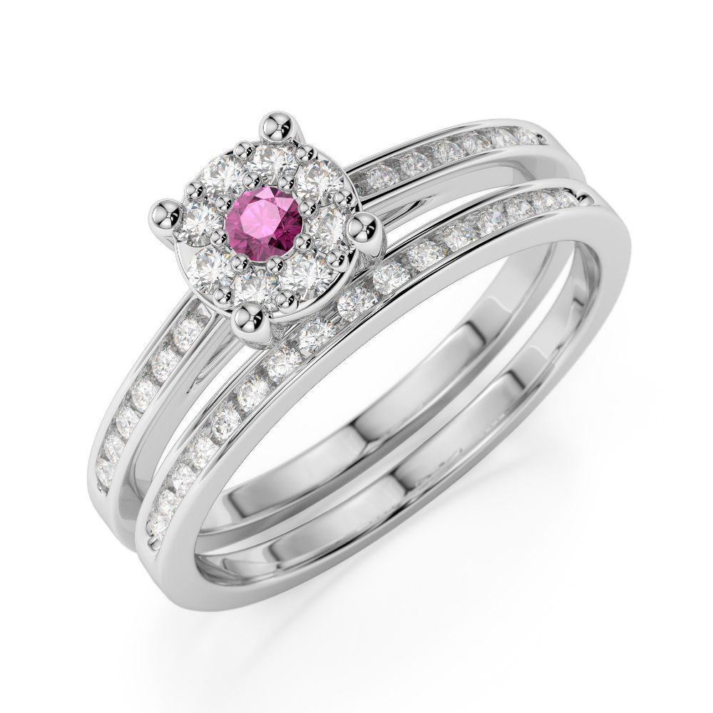 Gold / Platinum Round cut Pink Sapphire and Diamond Bridal Set Ring AGDR-1052