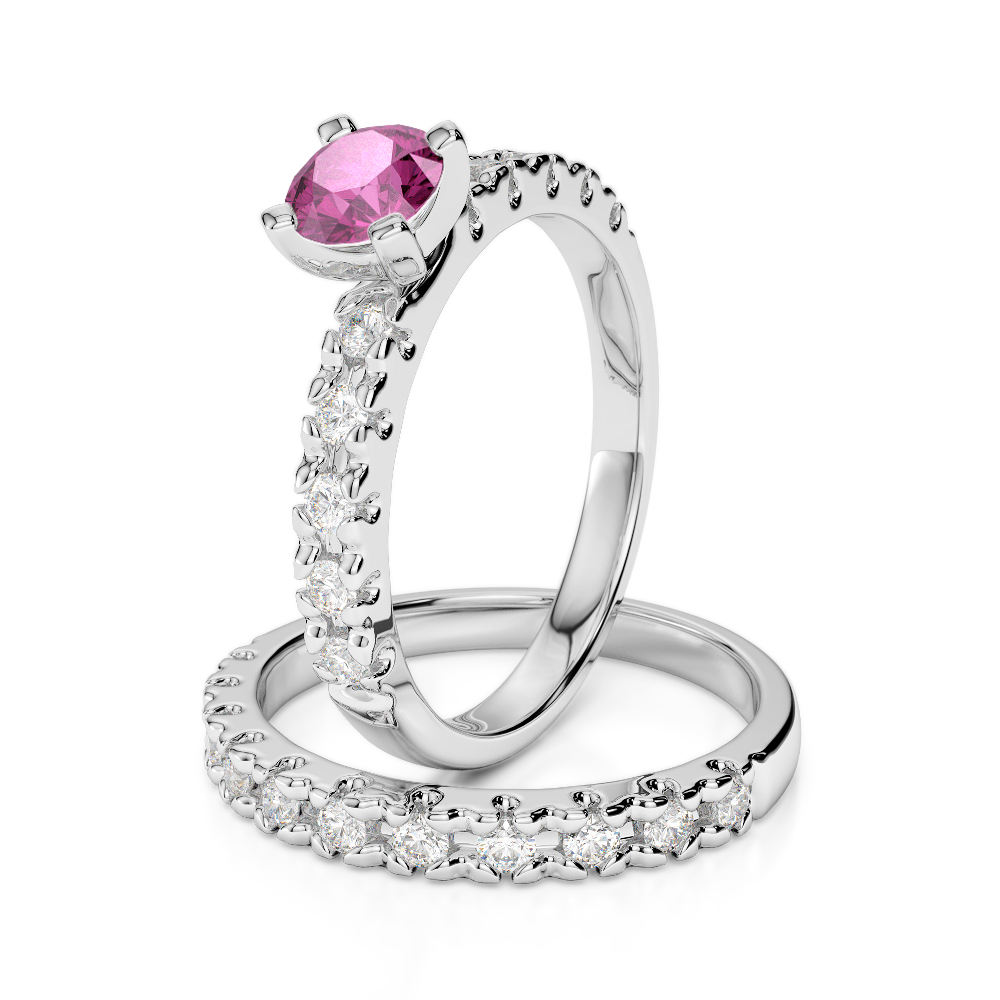 Gold / Platinum Round cut Pink Sapphire and Diamond Bridal Set Ring AGDR-1144