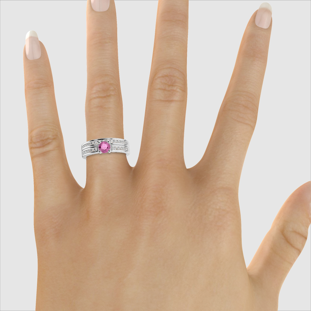 Gold / Platinum Round cut Pink Sapphire and Diamond Bridal Set Ring AGDR-1157