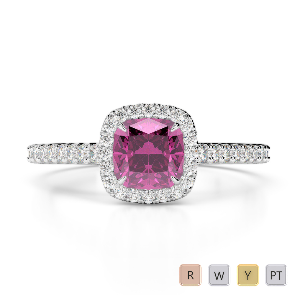 Gold / Platinum Round and Cushion Cut Pink Sapphire and Diamond Engagement Ring AGDR-1212
