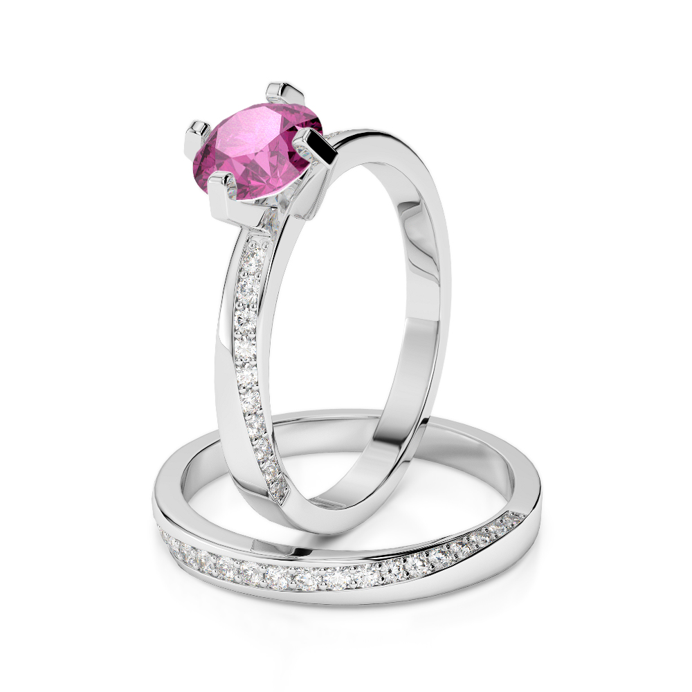 Gold / Platinum Round cut Pink Sapphire and Diamond Bridal Set Ring AGDR-2001