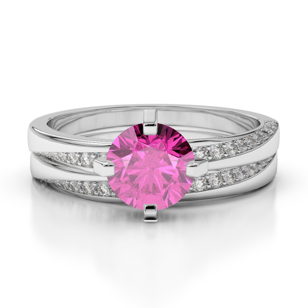 Gold / Platinum Round cut Pink Sapphire and Diamond Bridal Set Ring AGDR-2001