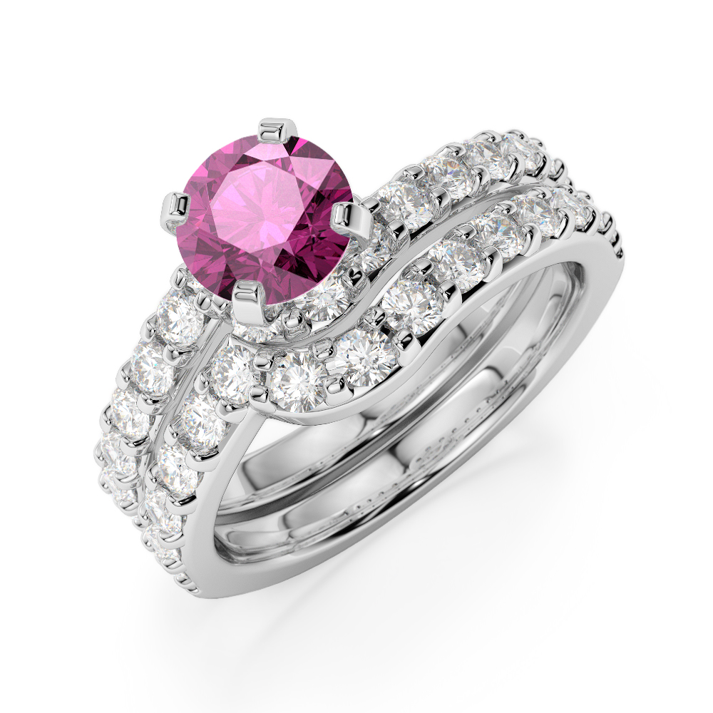 Gold / Platinum Round cut Pink Sapphire and Diamond Bridal Set Ring AGDR-2003