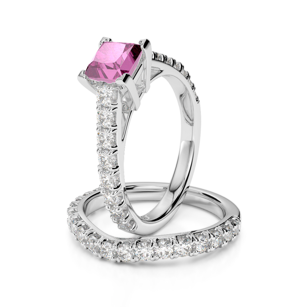 Gold / Platinum Round and Princess cut Pink Sapphire and Diamond Bridal Set Ring AGDR-2007