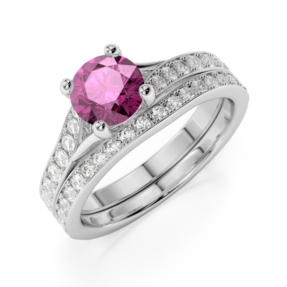 Gold / Platinum Round cut Pink Sapphire and Diamond Bridal Set Ring AGDR-2011