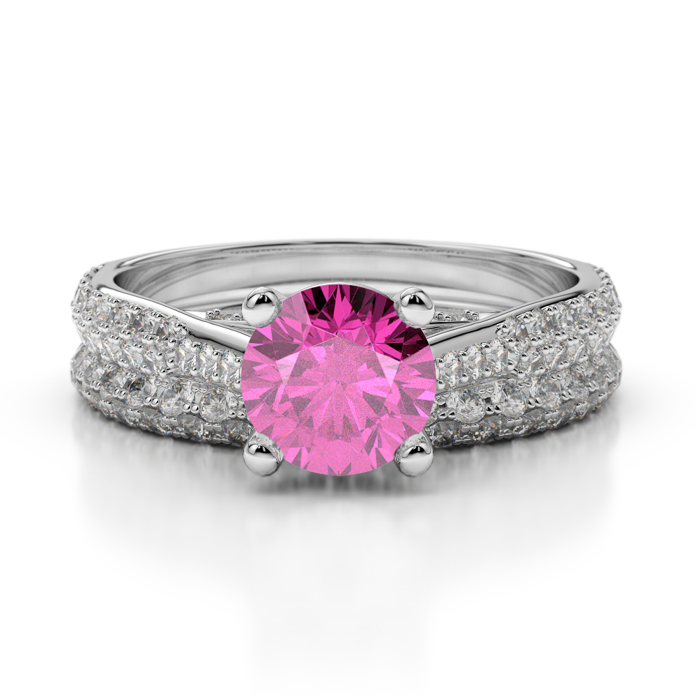 Gold / Platinum Round cut Pink Sapphire and Diamond Bridal Set Ring AGDR-2013