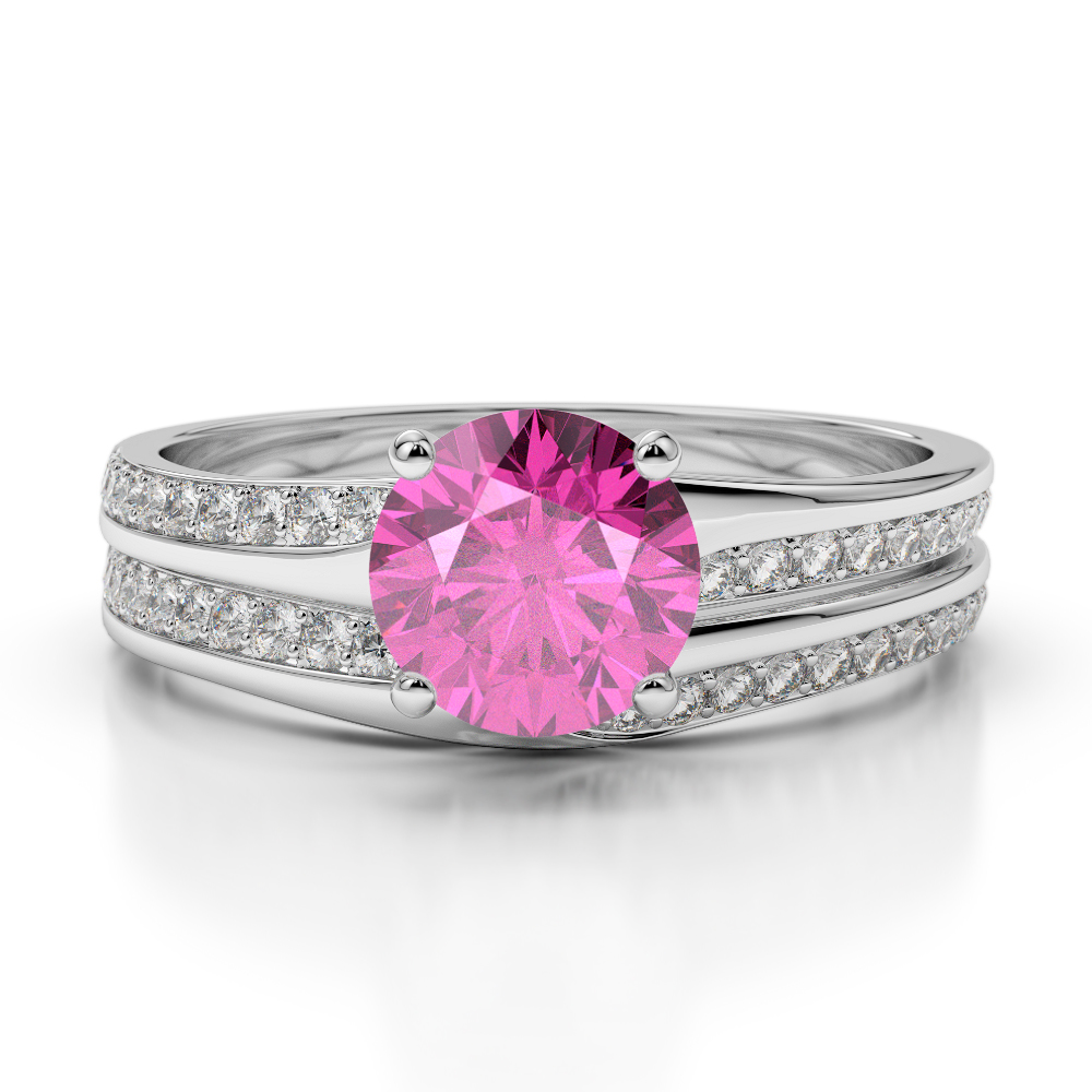 Gold / Platinum Round cut Pink Sapphire and Diamond Bridal Set Ring AGDR-2015