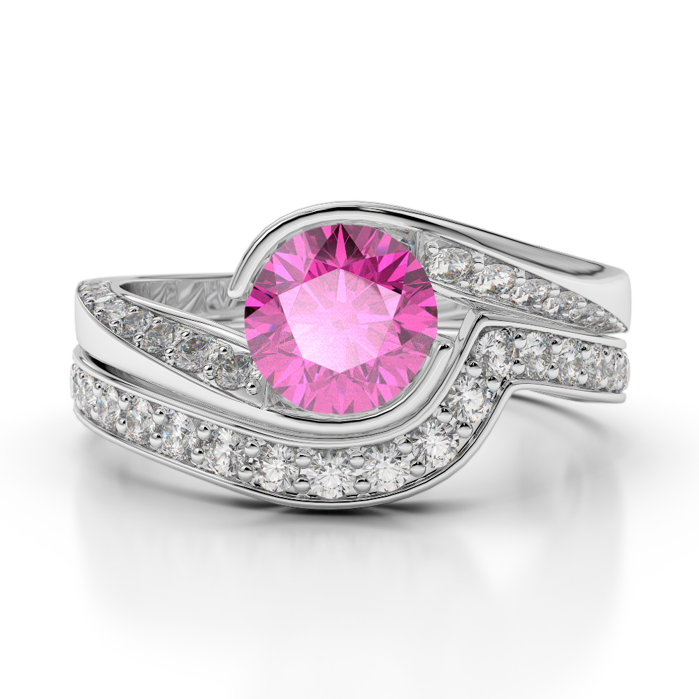 Gold / Platinum Round cut Pink Sapphire and Diamond Bridal Set Ring AGDR-2019