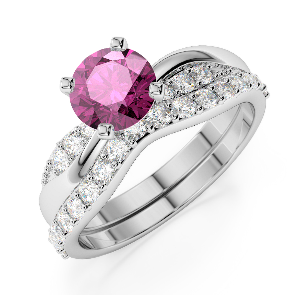 Gold / Platinum Round cut Pink Sapphire and Diamond Bridal Set Ring AGDR-2023