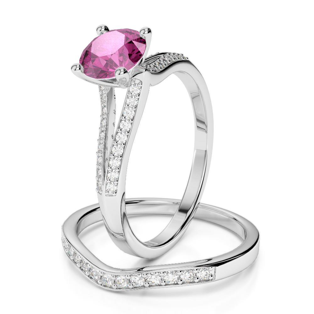 Gold / Platinum Round cut Pink Sapphire and Diamond Bridal Set Ring AGDR-2037