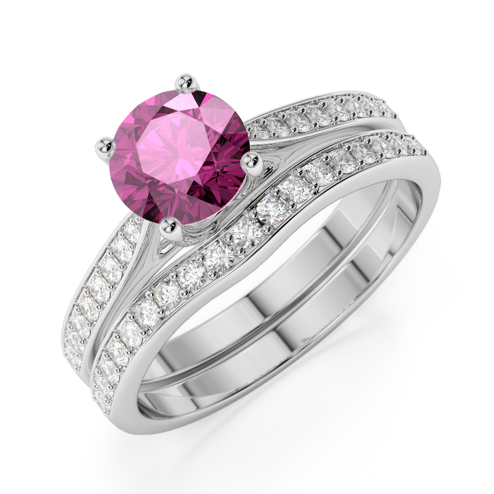Gold / Platinum Round cut Pink Sapphire and Diamond Bridal Set Ring AGDR-2053