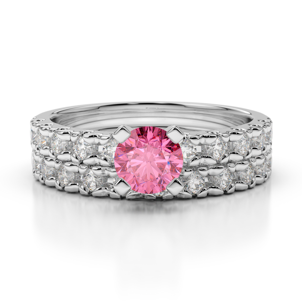 Gold / Platinum Round cut Pink Tourmaline and Diamond Bridal Set Ring AGDR-1144