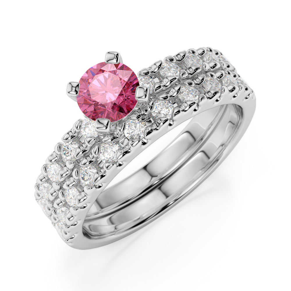 Gold / Platinum Round cut Pink Tourmaline and Diamond Bridal Set Ring AGDR-1144