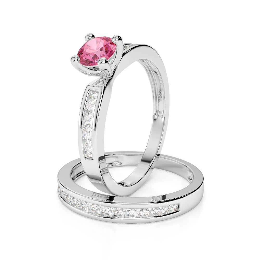 Gold / Platinum Round cut Pink Tourmaline and Diamond Bridal Set Ring AGDR-1157