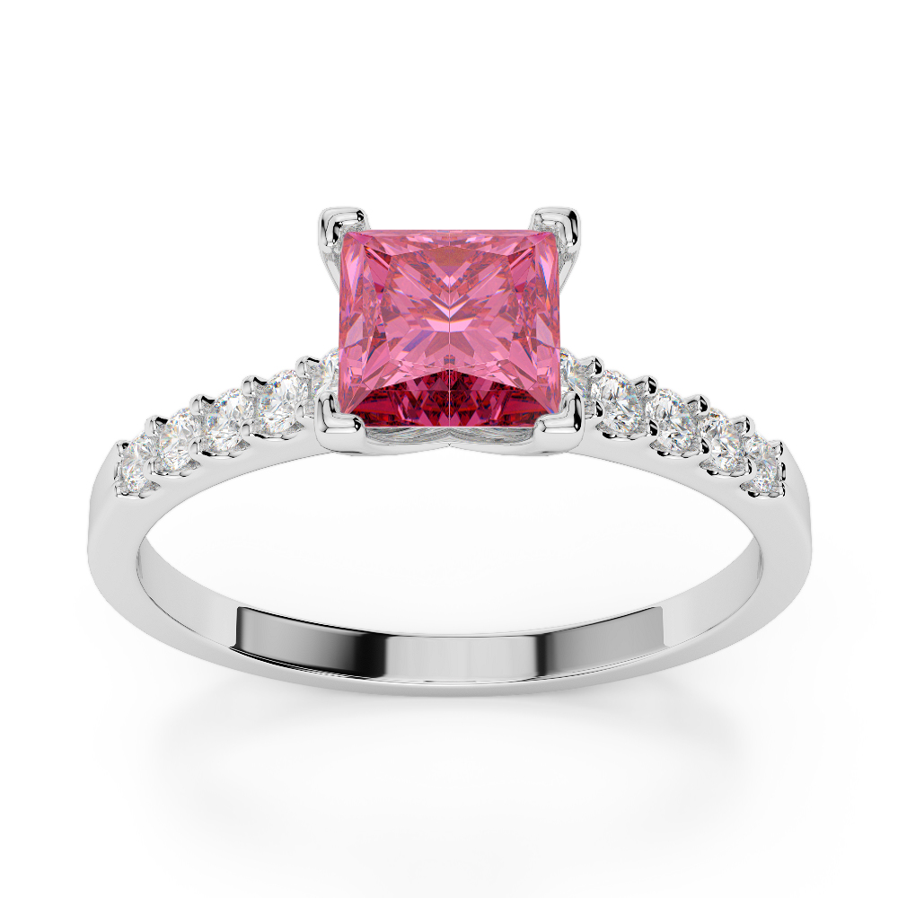 Gold / Platinum Round and Princess Cut Pink Tourmaline and Diamond Engagement Ring AGDR-1210