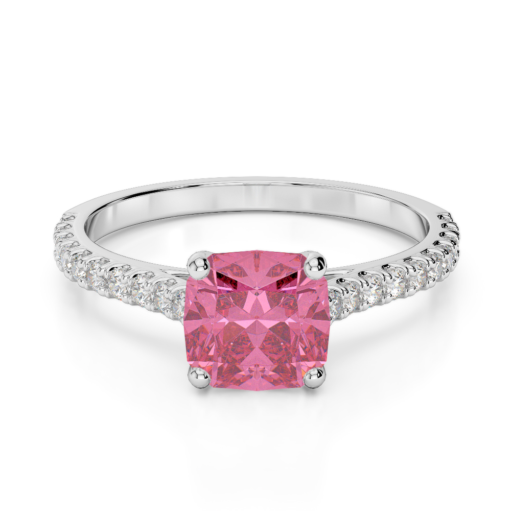 Gold / Platinum Round and Cushion Cut Pink Tourmaline and Diamond Engagement Ring AGDR-1216