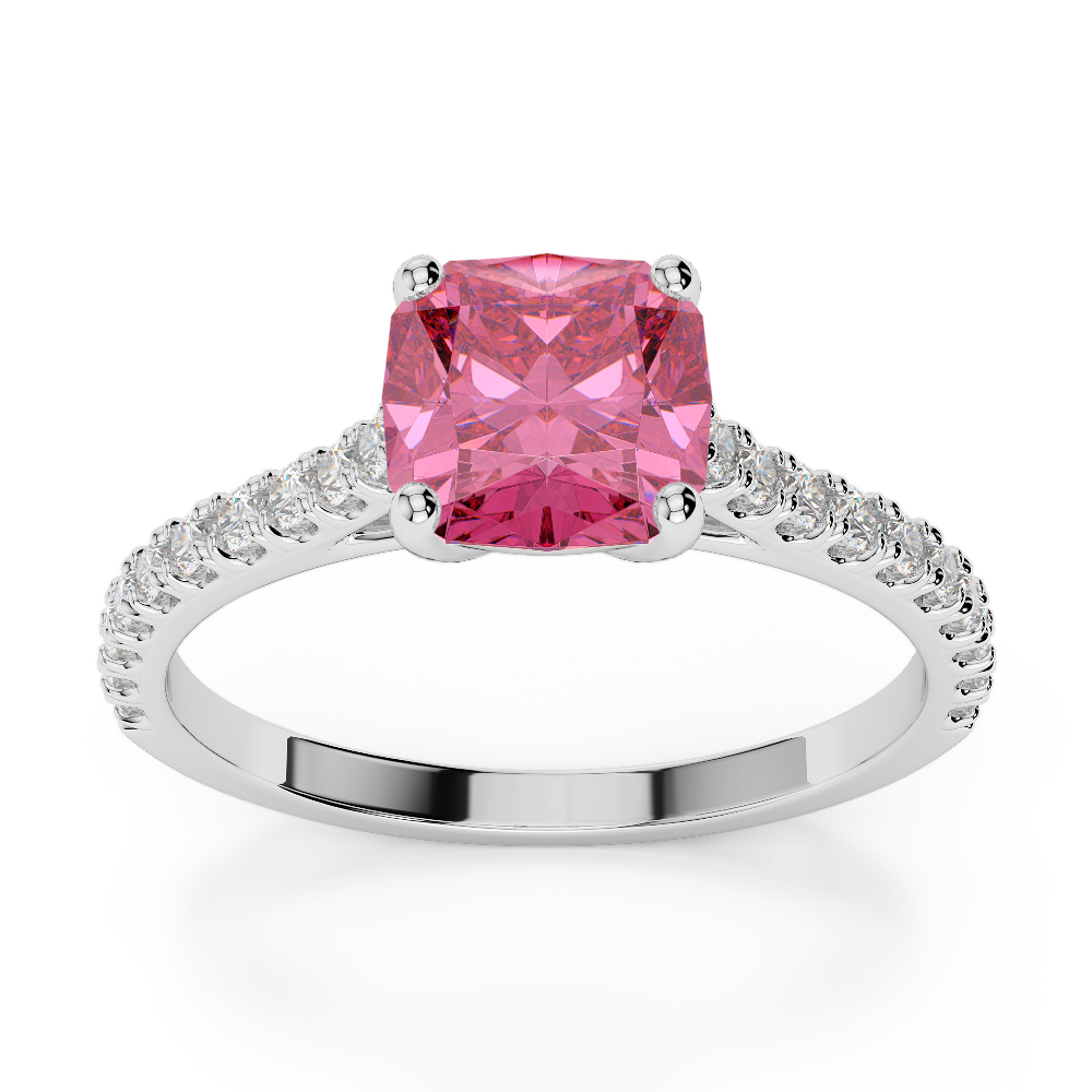 Gold / Platinum Round and Cushion Cut Pink Tourmaline and Diamond Engagement Ring AGDR-1216