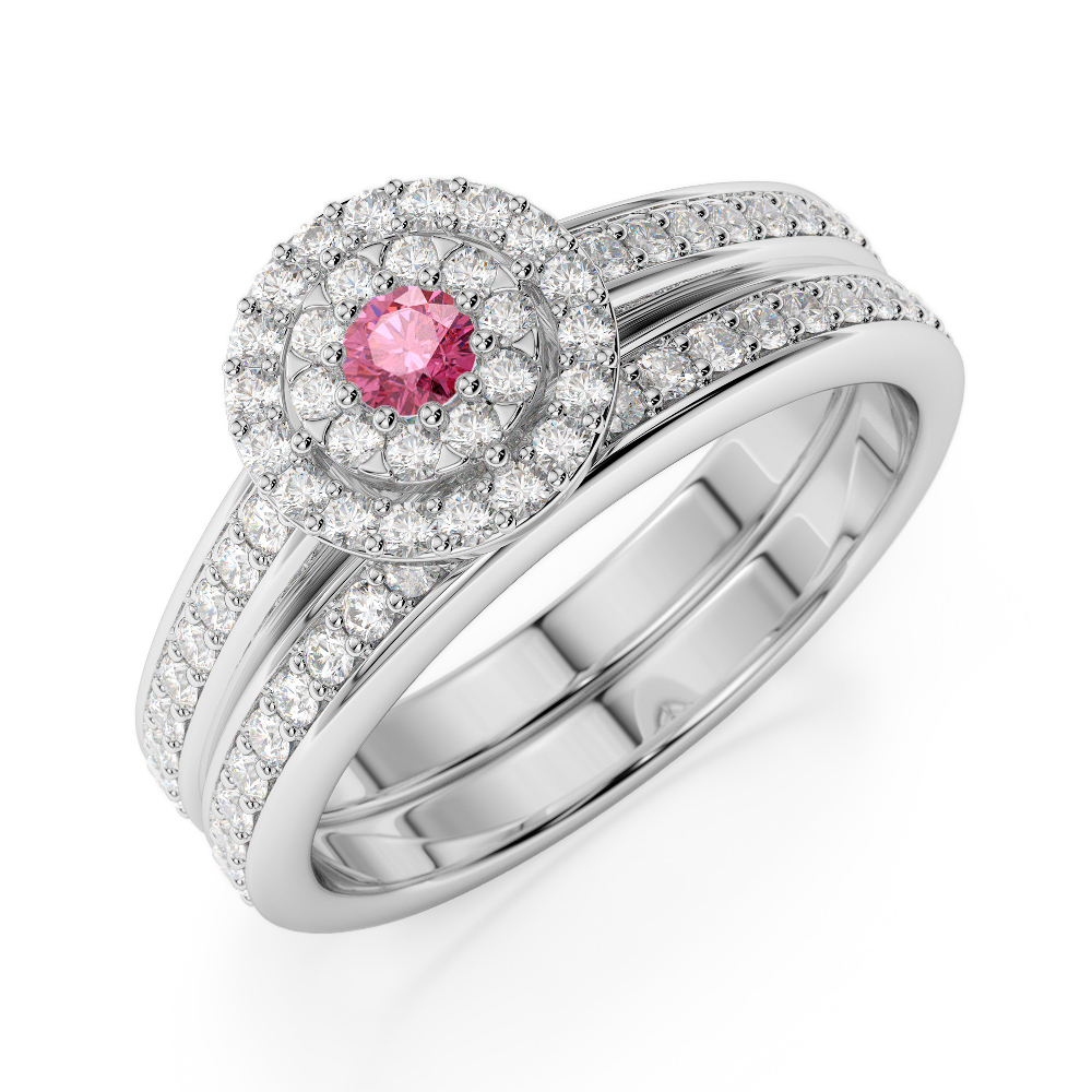 Gold / Platinum Round cut Pink Tourmaline and Diamond Bridal Set Ring AGDR-1239