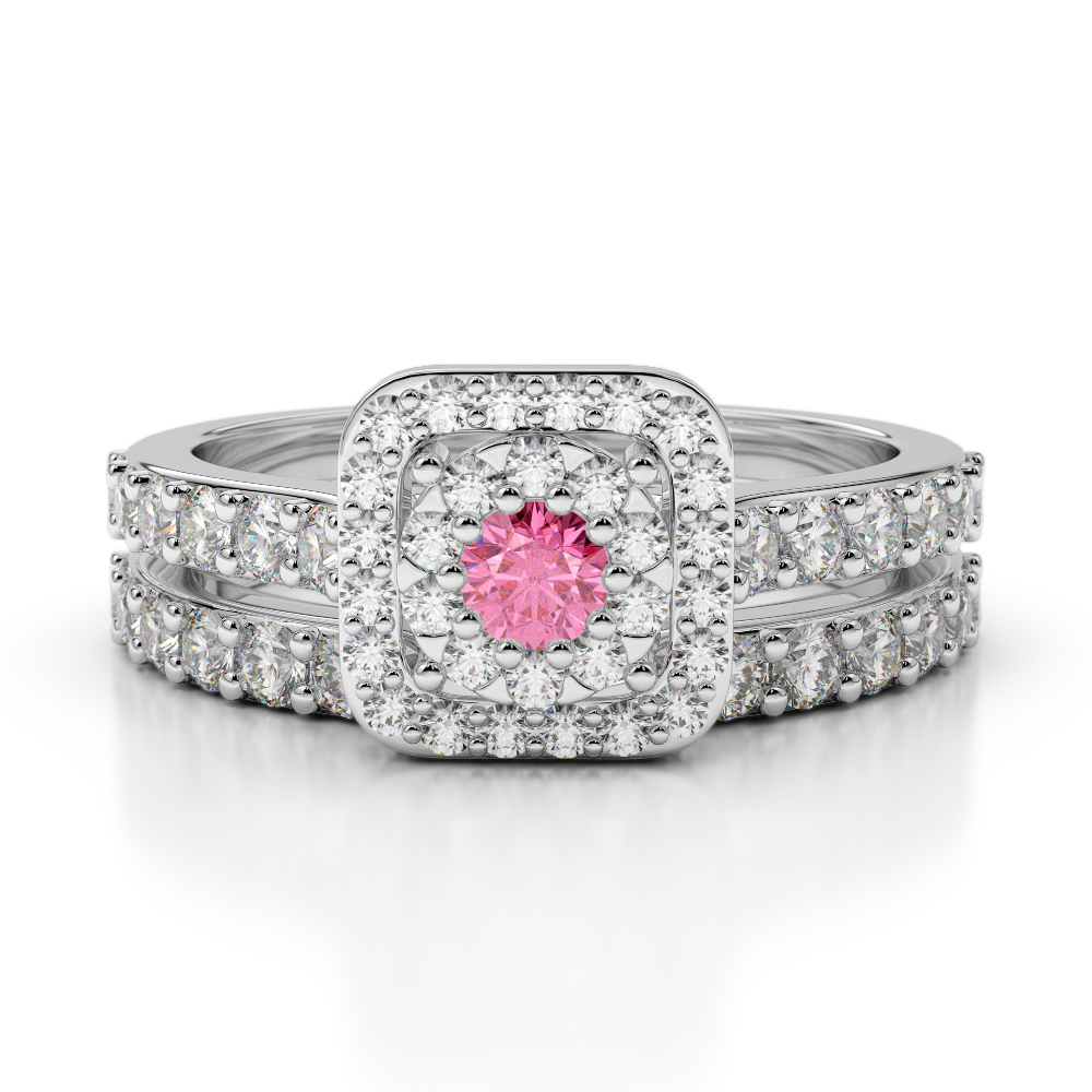 Gold / Platinum Round cut Pink Tourmaline and Diamond Bridal Set Ring AGDR-1246