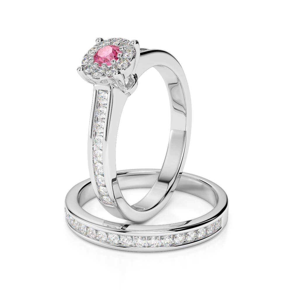 Gold / Platinum Round cut Pink Tourmaline and Diamond Bridal Set Ring AGDR-1339
