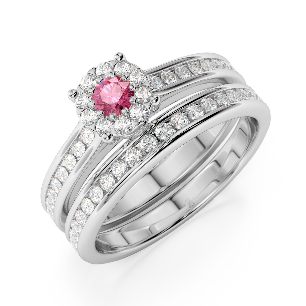 Gold / Platinum Round cut Pink Tourmaline and Diamond Bridal Set Ring AGDR-1339