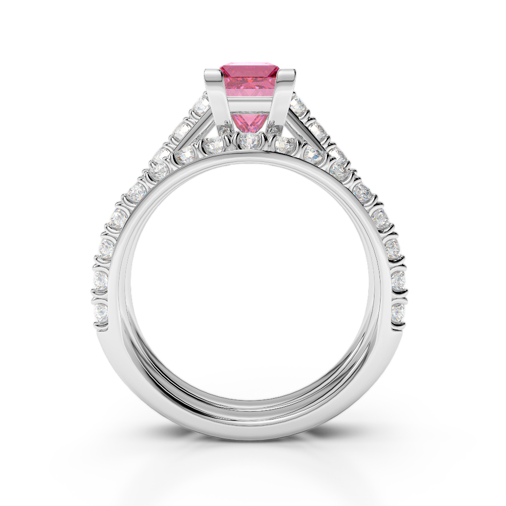 Gold / Platinum Round and Princess cut Pink Tourmaline and Diamond Bridal Set Ring AGDR-2007