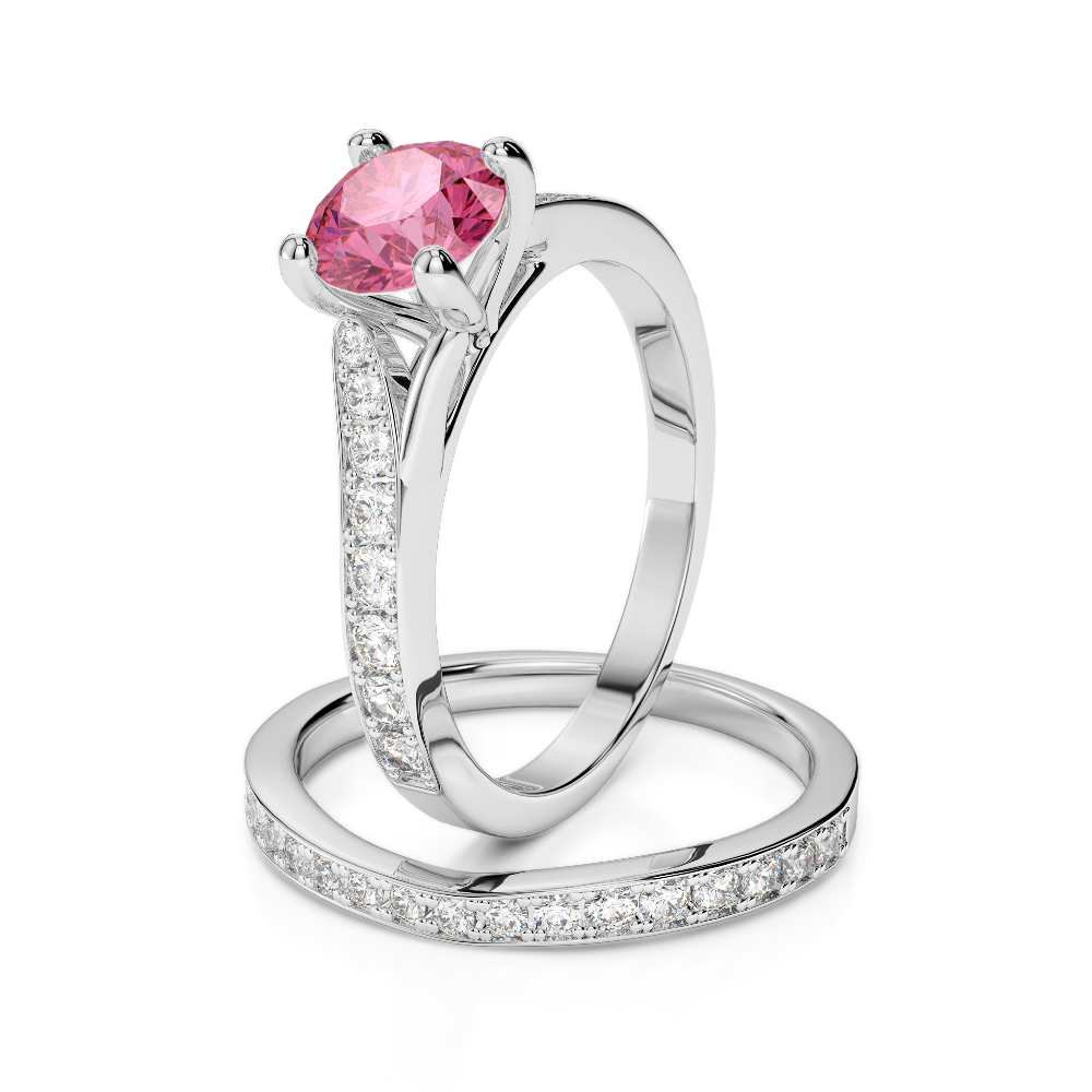 Gold / Platinum Round cut Pink Tourmaline and Diamond Bridal Set Ring AGDR-2011