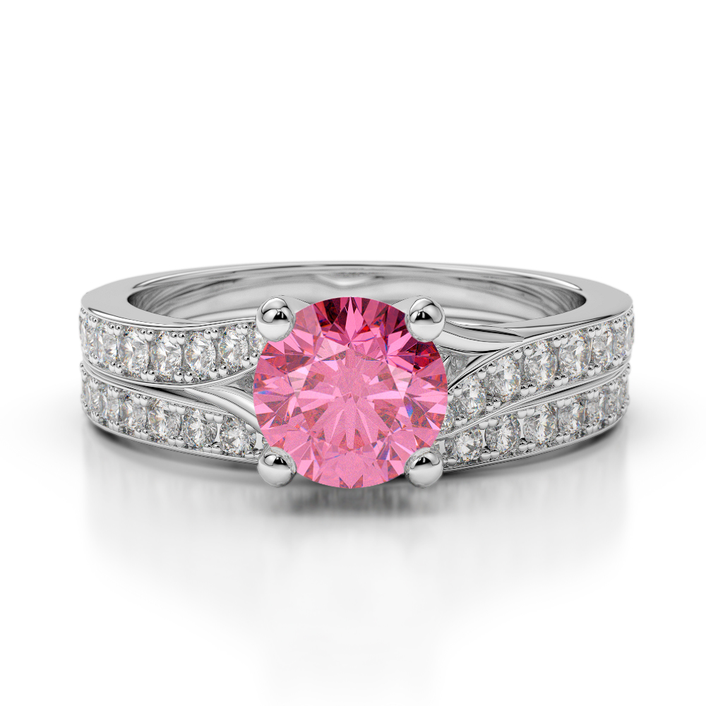 Gold / Platinum Round cut Pink Tourmaline and Diamond Bridal Set Ring AGDR-2011