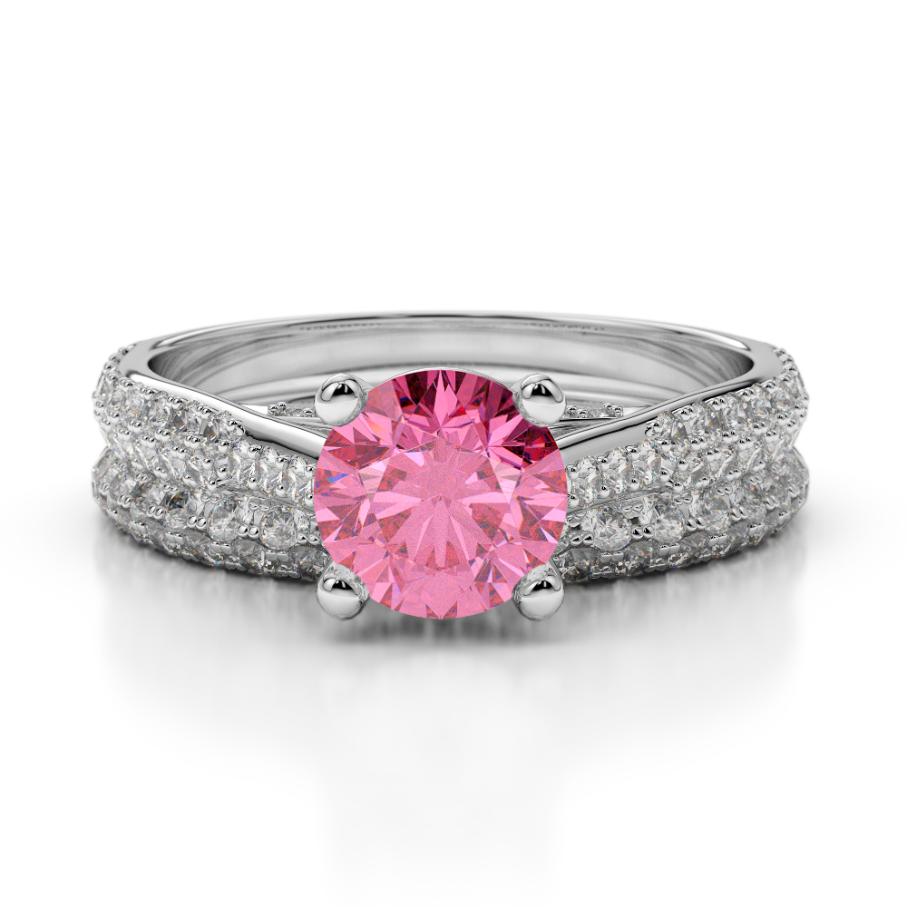 Gold / Platinum Round cut Pink Tourmaline and Diamond Bridal Set Ring AGDR-2013