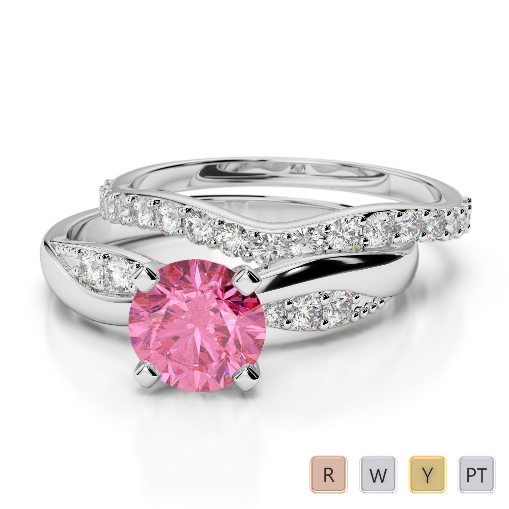 Gold / Platinum Round cut Pink Tourmaline and Diamond Bridal Set Ring AGDR-2023
