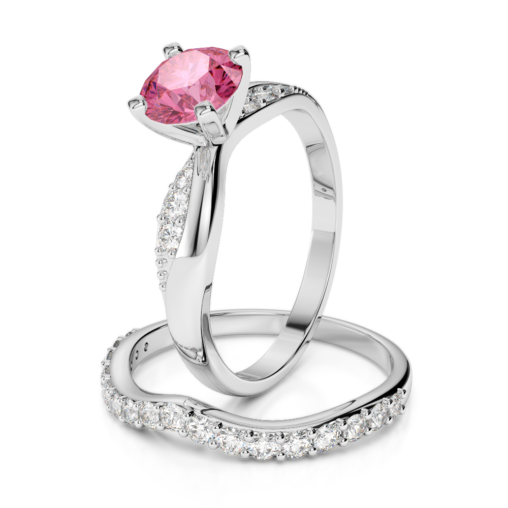 Gold / Platinum Round cut Pink Tourmaline and Diamond Bridal Set Ring AGDR-2023