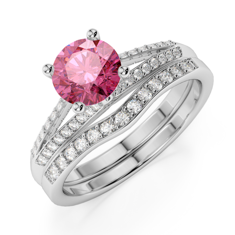 Gold / Platinum Round cut Pink Tourmaline and Diamond Bridal Set Ring AGDR-2037