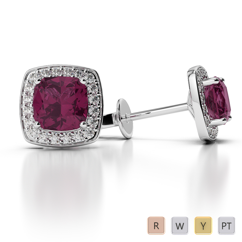 Cushion Shape Ruby and Diamond Earrings in Gold / Platinum AGER-1061