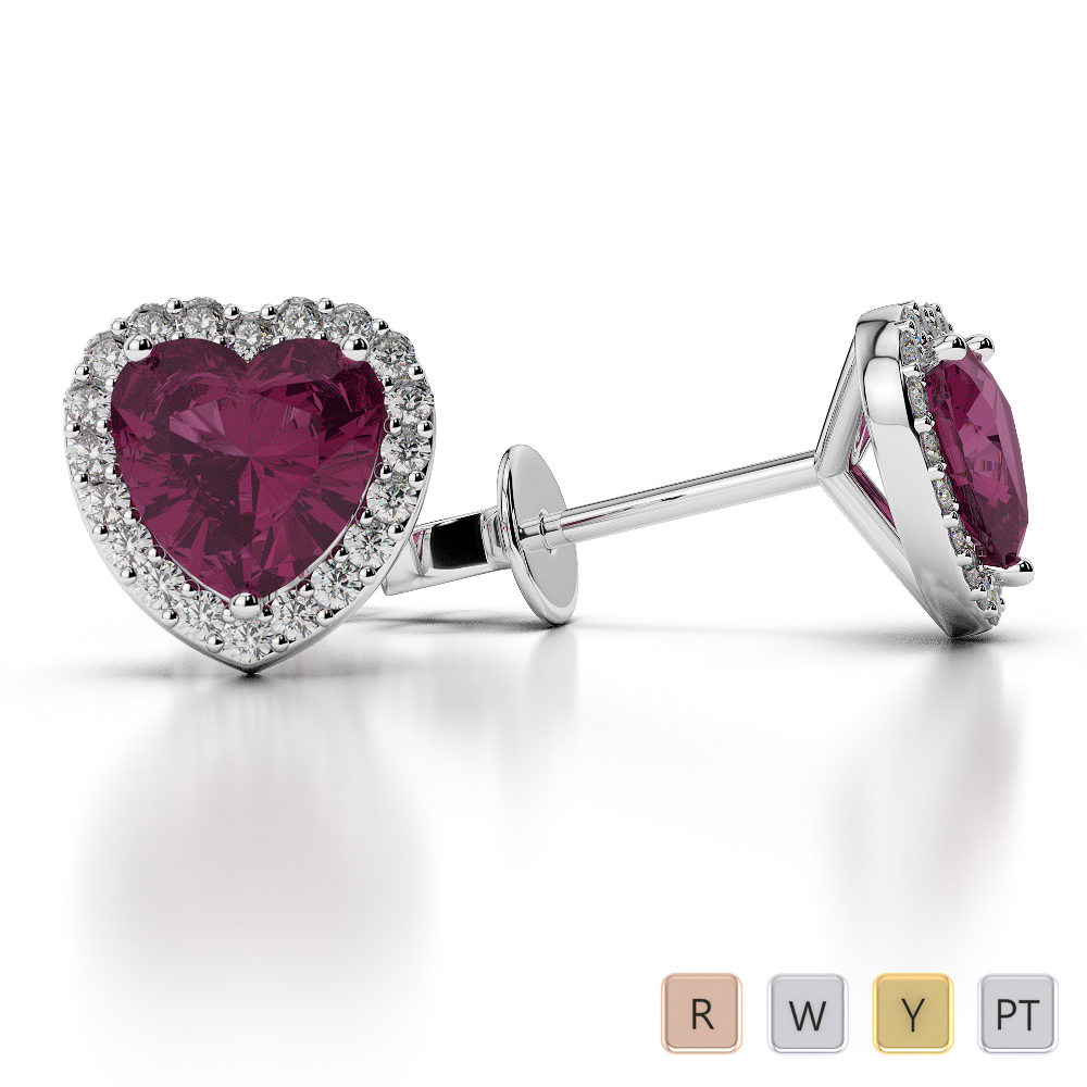 Heart Shape Ruby & Round Diamond Earrings in Gold / Platinum AGER-1064
